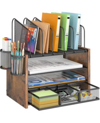 Mesh Desk Organizer 4-Tier Wooden File 5 Holders 2 Pen Drawer