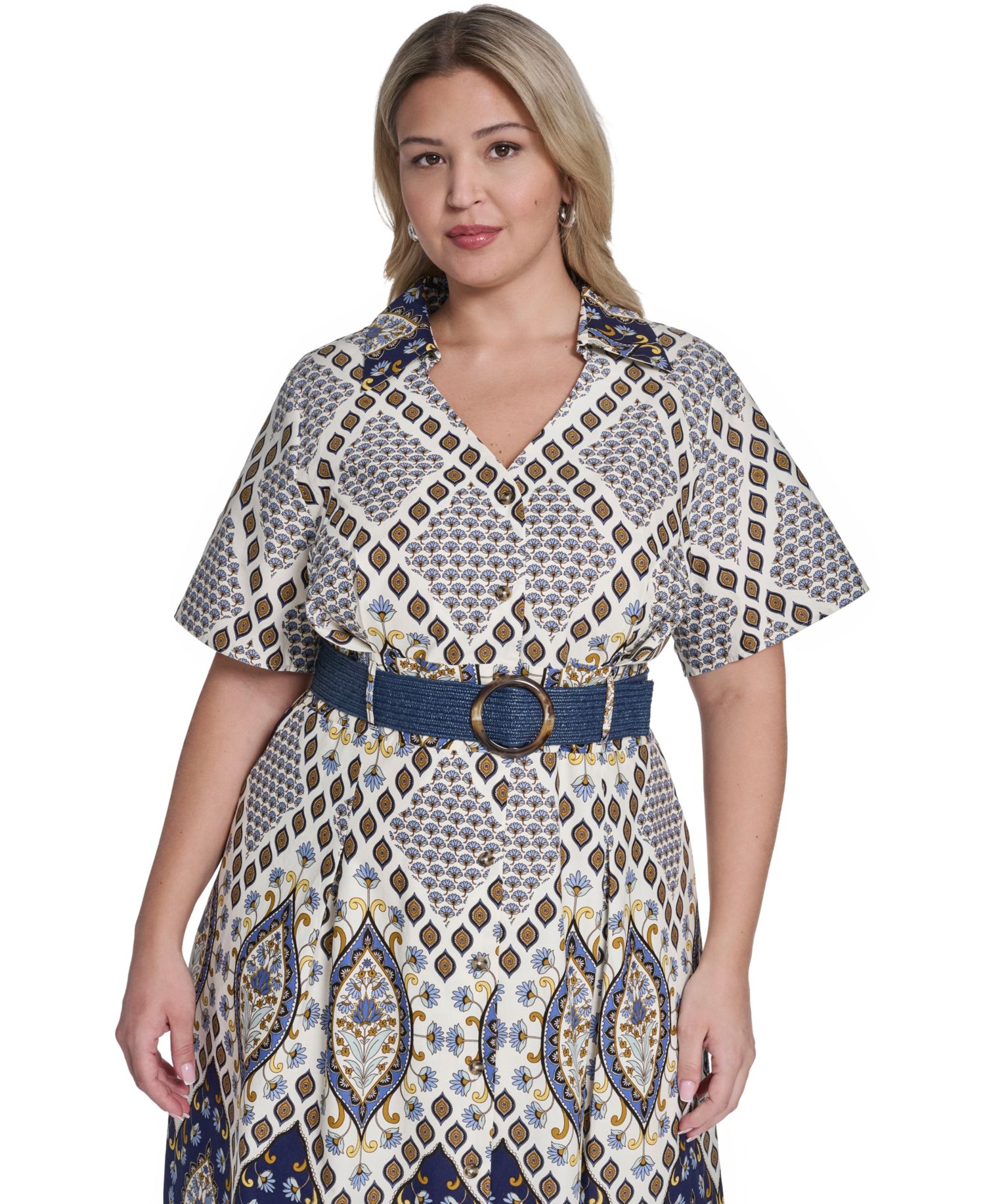 Plus Size Collared Belted Shirt-Dress