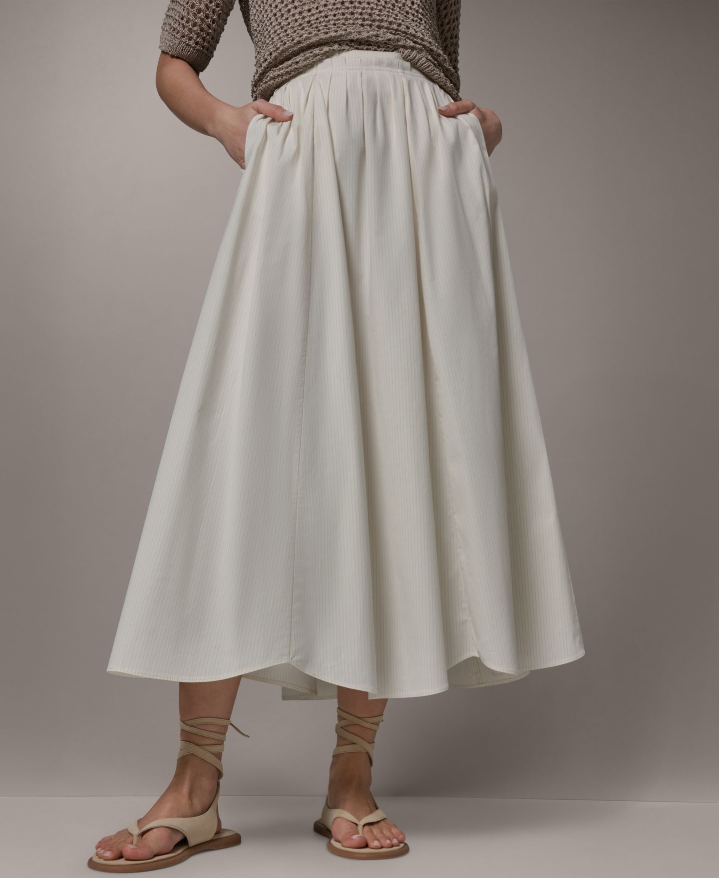 Женская юбка Donna Karan Weekend Stretch Poplin Stripe Pleated Skirt with Scalloped Hem, цвет: Кремовый комбинированный — фото 1
