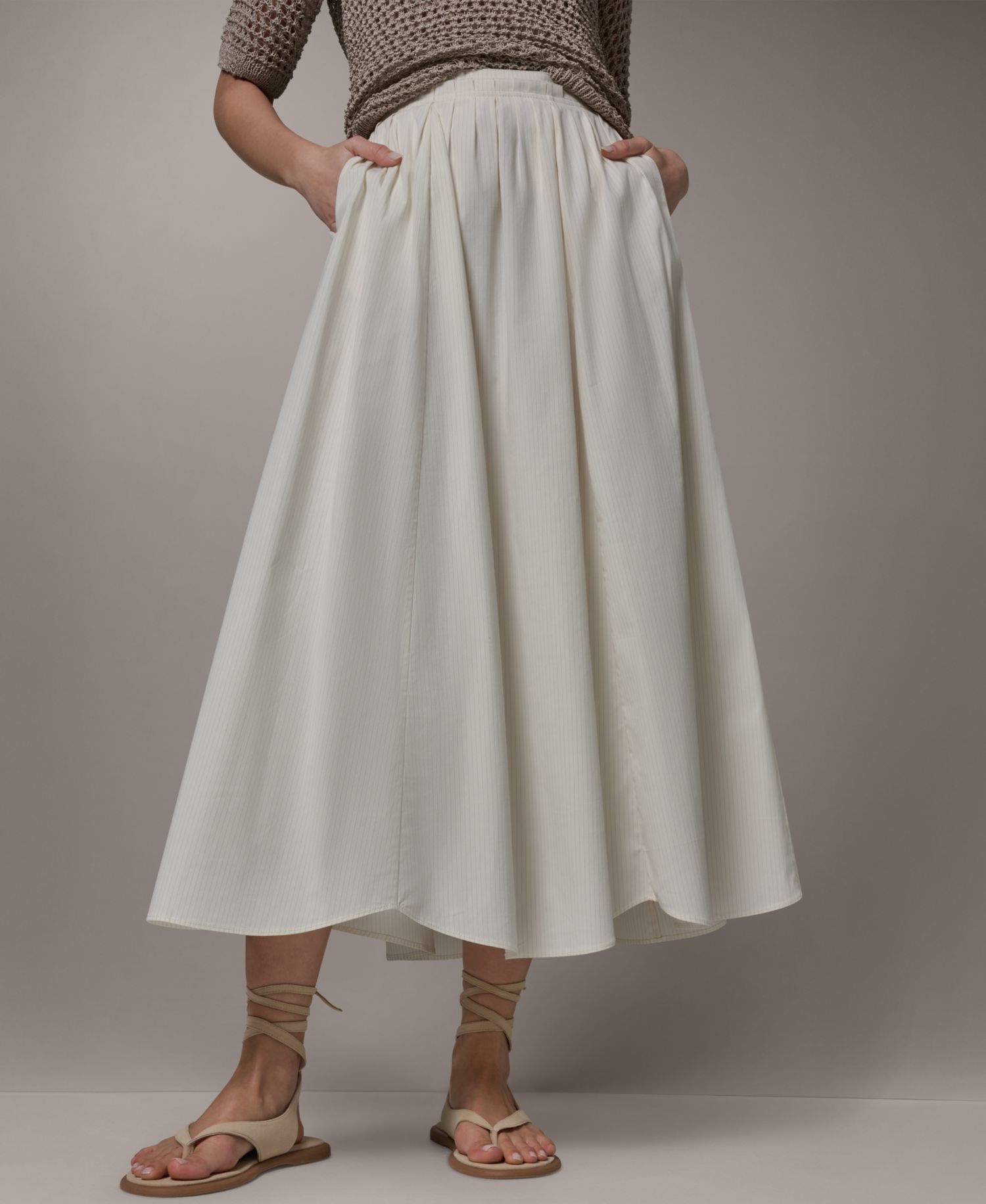 Women's Stretch Poplin Stripe Pleated Skirt with Scalloped Hem