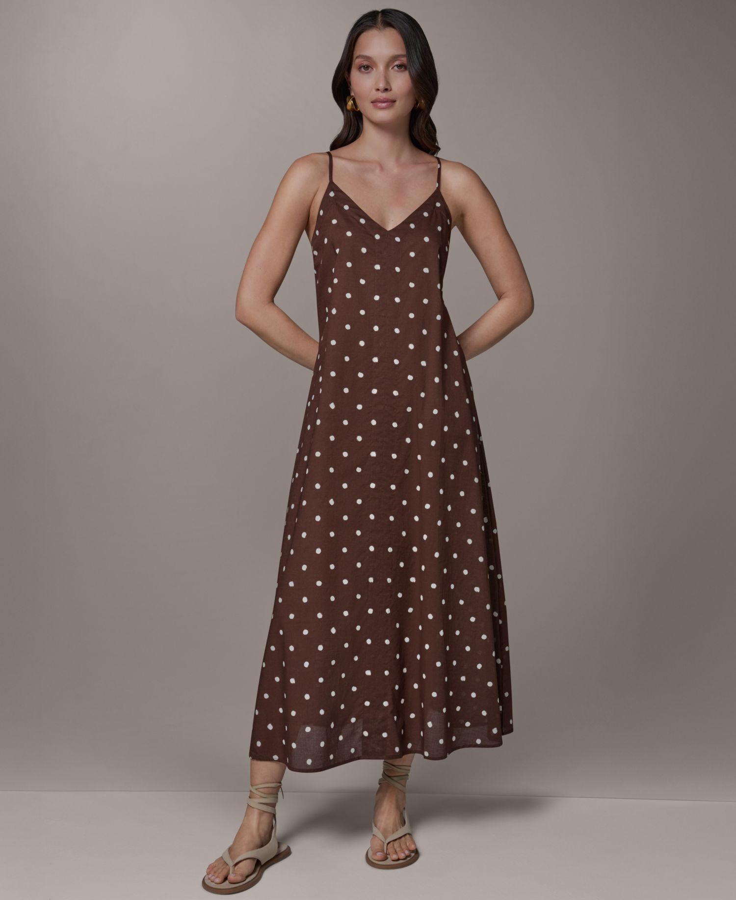 Women's Cotton Voile Dot Print Elastic Back V-Neck Spaghetti Strap Maxi Dress