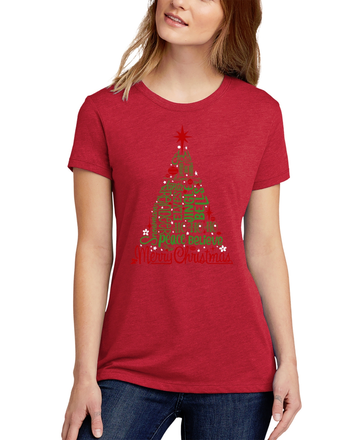 La Pop Art Women's Premium Blend Holiday Christmas Tree  Word Art T-Shirt - Red