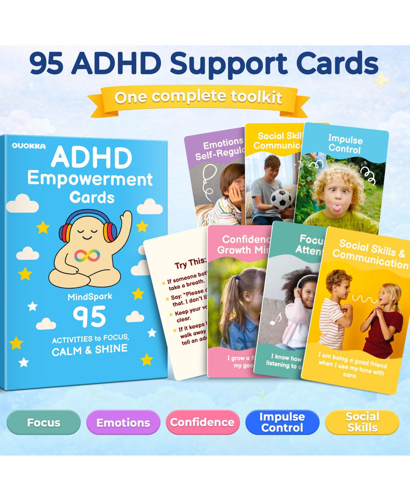 Детские карточные игры Quokka Adhd Empowerment Cards Emotional Regulation & Social Skills 95-Piece Card Game, Ages 3+, цвет: Autism95 — фото 2