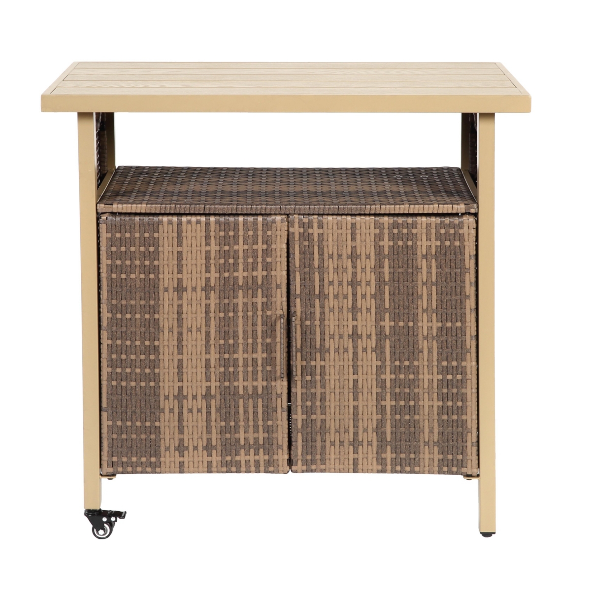 sumyeg Outdoor Wicker Bar Cart with Wheels, Rattan Beverage Serving Cart with Glass Top for Patio
