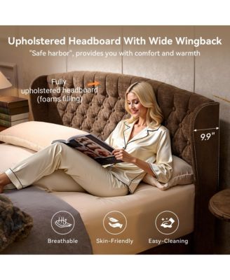 Queen Sleigh Bed Frame, Chenille Wingback Headboard, Button Tufted Footboard, Wood Slat Support, No Box Spring, Noise-Free, Easy Assembly