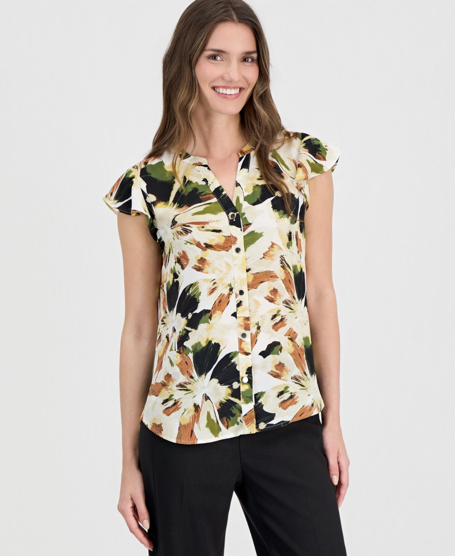 Petite Printed Split-Neck Flutter-Sleeve Blouse