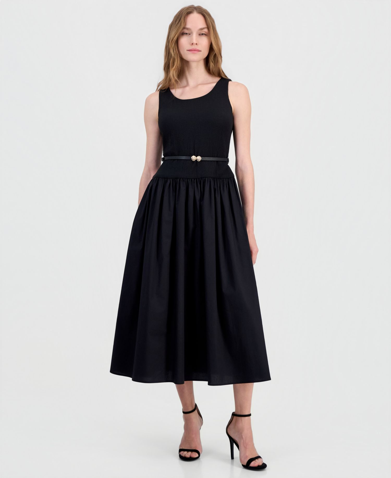 Petite Dropped-Waist Scoop-Neck Belted Dress