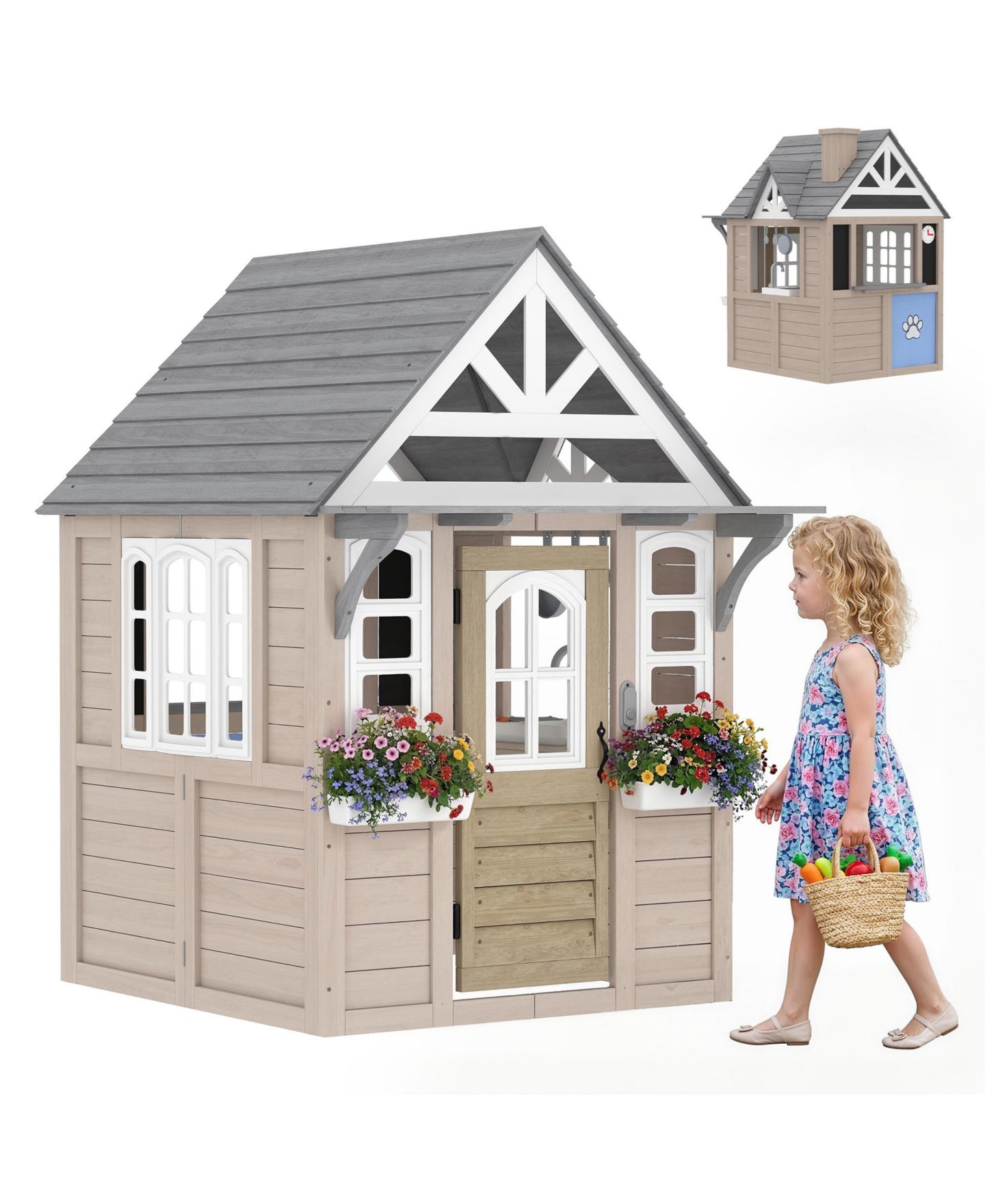 Детские игрушки Qaba Cottage 55.5"L x 44.9"W x 64.6"H Wooden Outdoor Playhouse with Play Stove Set and Dog Door, Fits Up to 4 Kids, Ages 2+, цвет: Серый — фото 1