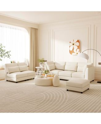 5-Piece Modular Linen Fabric Sectional Sofa with Ottoman, L-Shaped Convertible Living Room Set