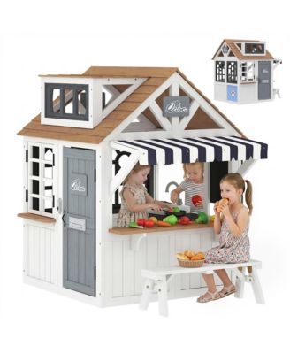 Outdoor Playhouse, Wooden Kids Playhouse with Dog Door for Garden