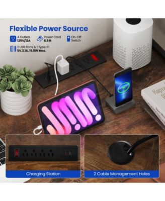 L-Shaped Reversible Gaming Desk with LED Strip and Power Outlets Hutch Monitor Stand