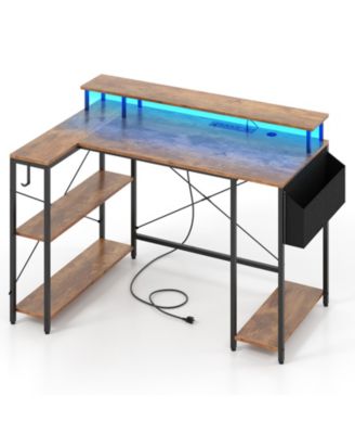 L-Shaped Gaming Desk with LED Lights and Power Outlets-Rustic Brown