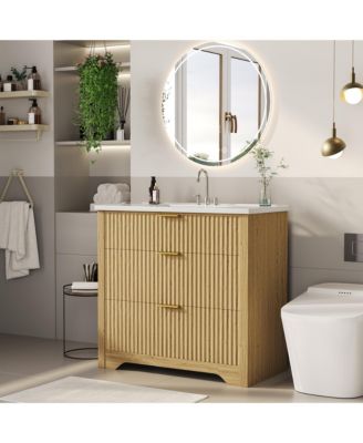 Fluted Bathroom Vanity with Sink, Farmhouse Freestanding Cabinet with 2 Drawers and Flip-Down Drawer, Easy Assembly