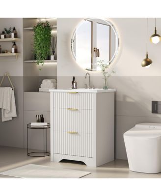 Fluted Bathroom Vanity with Sink, Farmhouse Freestanding Cabinet with 2 Drawers and Flip-Down Drawer, Easy Assembly