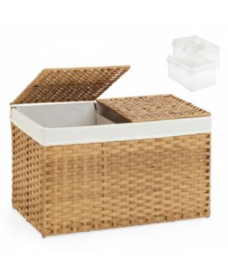 YIGII - Storage Basket With Lid Woven Wicker 2 Bins 92 Gallon Foldable Removable Liners For Bedroom Laundry Room Natural