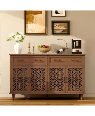 Vintage Sideboard Buffet Cabinet, Entryway 4 Doors Storage Cabinet with Hand-Carved Hollow Doors, 2 Drawers and Metal Handles for Living Room