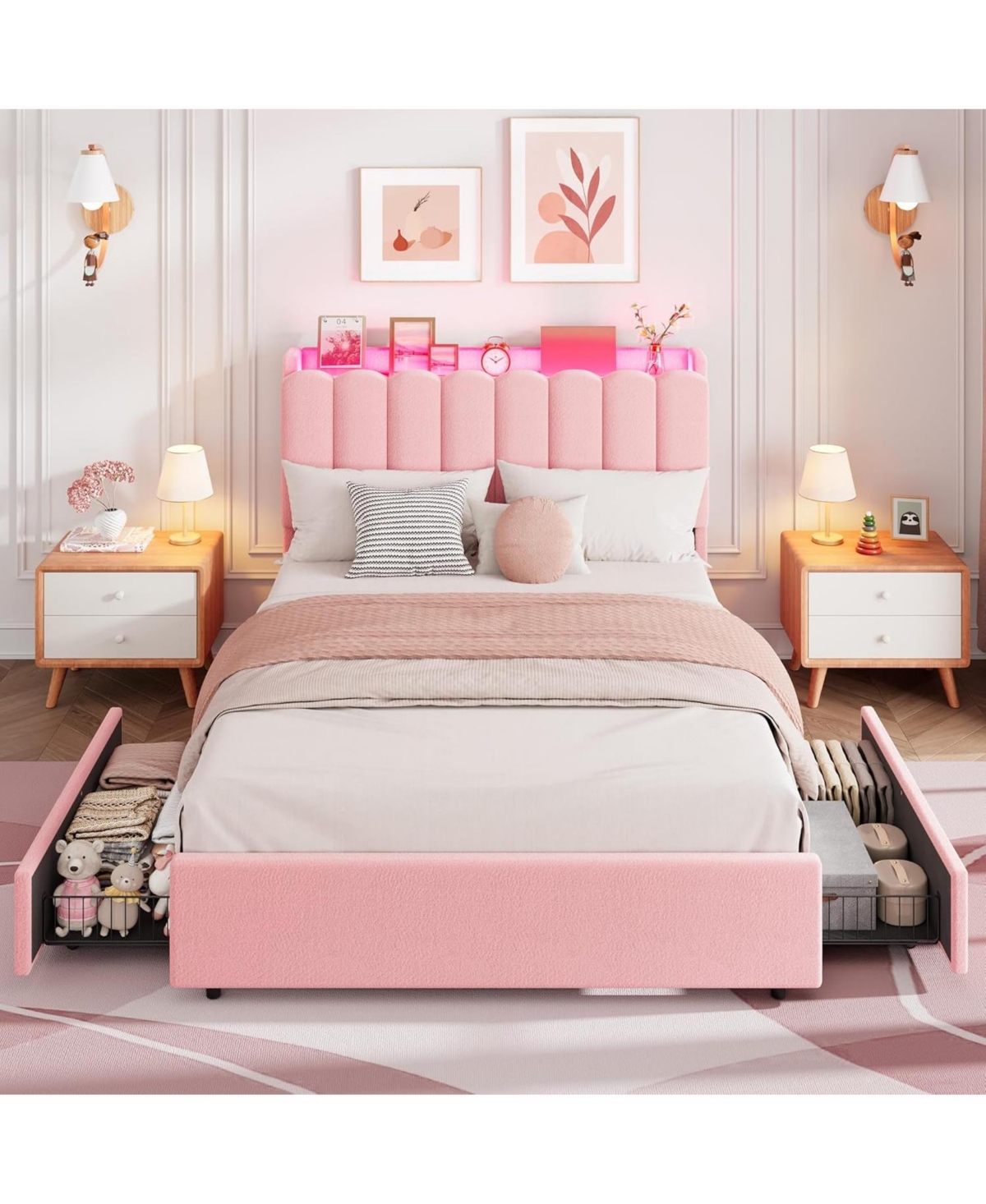 gaomon Led Bed Frame with Storage Headboard, Boucle Upholstered Platform for Girls, 2 Drawers and Bookcase