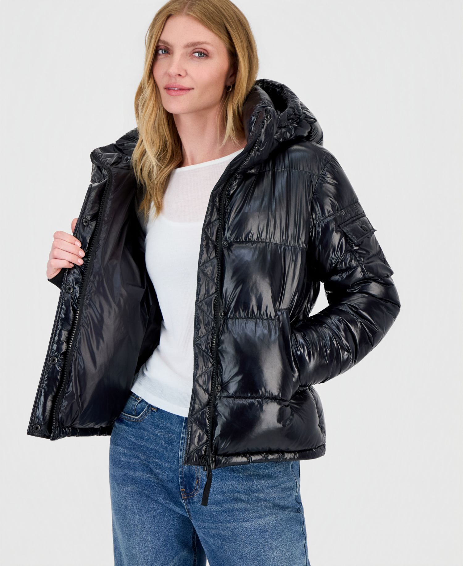 Women's Ella Hooded Thumbhole-Cuff Shine Puffer Coat