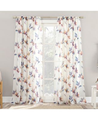  Floral Print Sheer Rod Pocket Curtain Panel