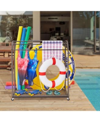Outdoor Pool Towel Rack with 5 Bars, Durable PE Rattan and Steel, Trapezoid Design, Caster Wheels, Versatile Storage