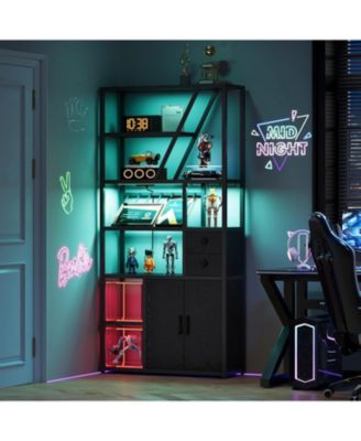 Wine Bar Cabinet with LED, Wine Rack, Glass Holder, Power Outlets, Bakers Rack for Kitchen, Dining or Living Room