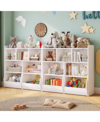 Kids Toy Storage Organizer Bookshelf, 5 Open Cubbies, Movable Drawers, Hidden Wheels, Multi-Purpose Floor Cabinet