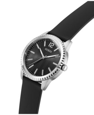 Men's Silver-Tone Stainles Steel Black Silicone Analog Watch, 40mm