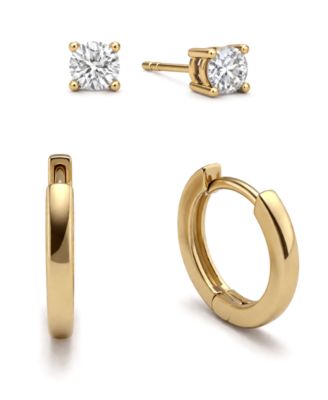 Cubic Zirconia Round Stud & Polished Huggie Hoop in Gold Plate or Silver Plate