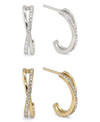 And Now This - Clear Crysatal Criss Cross Hoop Set in Fine Silver Plate and Gold Plate
