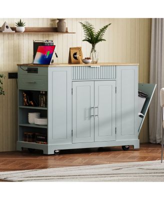 Rolling Kitchen Island Trash, Power, Storage, 3 Drawers