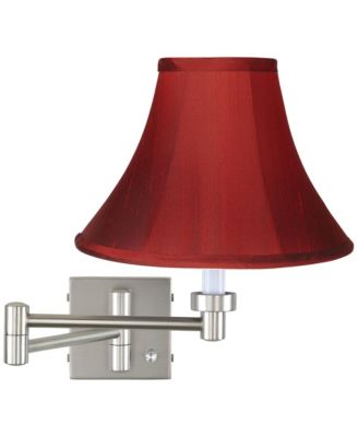 Modern Swing Arm Wall Lamp Brushed Nickel Plug-In Light Fixture Deep Red Dupioni Silk Bell Shade for Bedroom