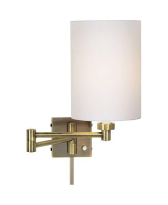 Modern Swing Arm Wall Lamp with Cord Cover Antique Brass Plug-In Light Fixture White Cotton Cylinder Shade Bedroom