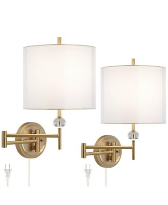 Kohle Modern Swing Arm Wall Lamps Set of 2 Polished Brass Plug-In Light Fixture White Drum Shade for Bedroom
