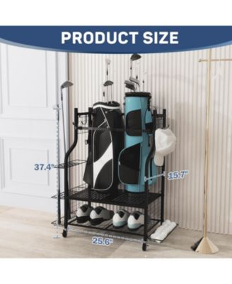 Golf Bag Storage Rack with Wheels - All-in-One Golf Organizer for Bags, Clubs, Shoes and Balls