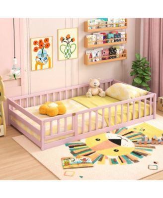 Twin Size Kids Montessori Floor Bed with Door and Protective Fence