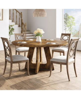 Round Dining Table, Farmhouse Table for 4-6, Mid Century Wood Table with Wide Top and Cross Base, Circle Table for Kitchen