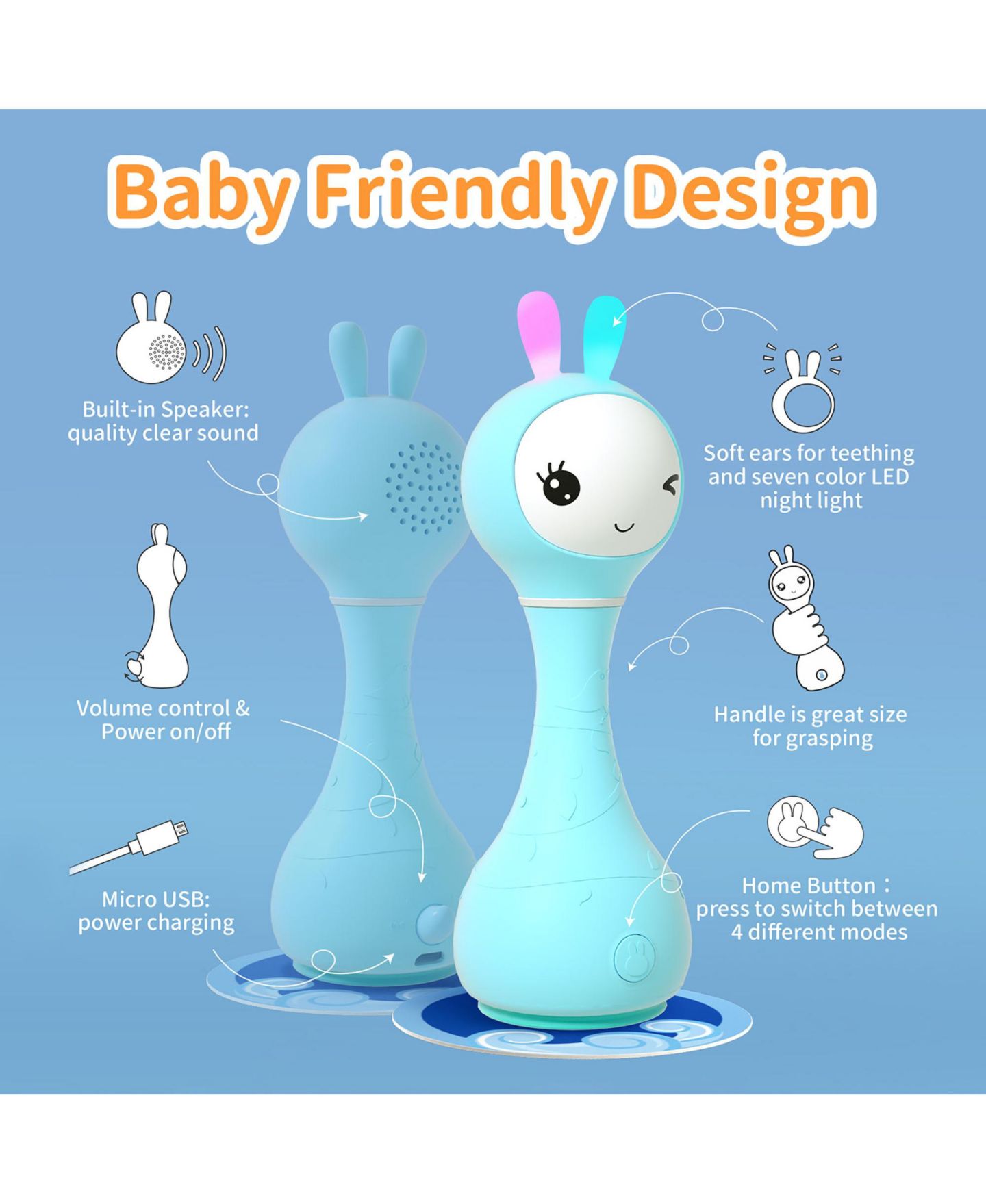 Детская игрушка Alilo Smarty Bunny Musical Light-Up Silicone Baby Rattle, Ages 0+, цвет: Синий — фото 4