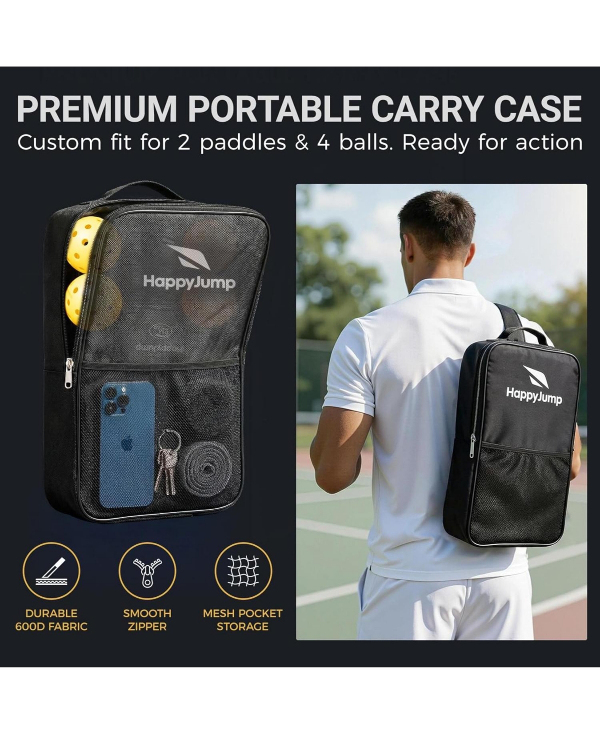 Happy Jump Pickleball Paddle Set - Usapa Approved Fiberglass Rackets with 4 Balls and Bag - Great Gift for Family, Friends and Pickleball Lovers