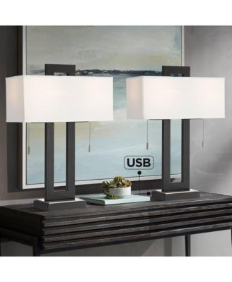 Neil 26" Rectangular Rustic Modern Table Lamps with USB Port And Pull Chain, Set of 2
