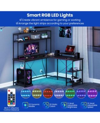 L-Shaped Reversible Gaming Desk with LED Lights, Power Outlets, Monitor Stand and Hutch