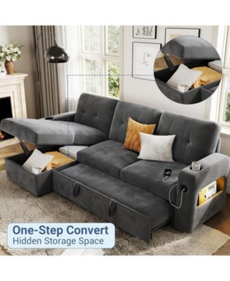 84 in Sleeper Sofa Couch, L-Shaped Sofa, Convertible Pull Out Sofa Bed with Storage, Charging Station, Led Lights
