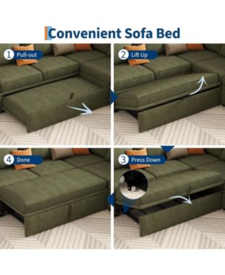 Corduroy U Shaped Sectional Sleeper Sofa with Pull Out Bed, Storage Seat & Ottoman