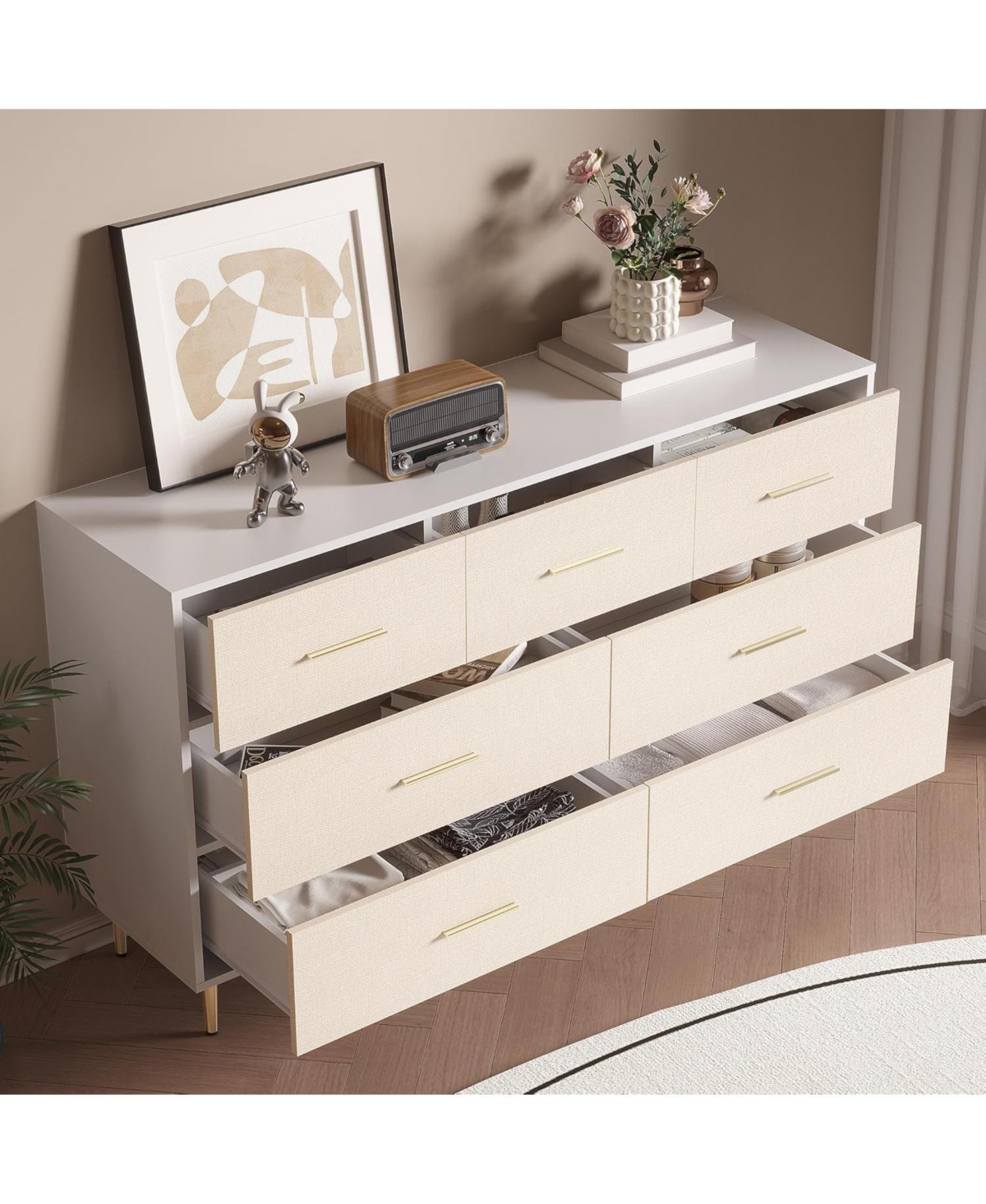 gaomon 7 Drawer Dresser, Modern Chest of Drawer with Gold Metal Handles, Wood Dresser for Bedroom with Strong Metal Legs