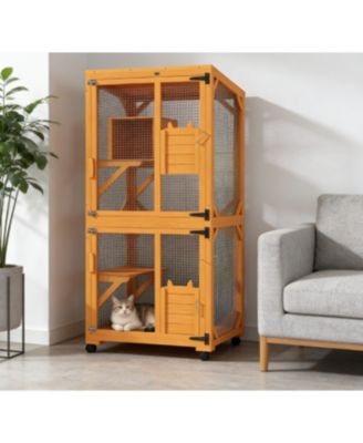 Zeus &  Ruta Large Cat Haven with Elevated Sleeping Platform, 71" Wooden Frame with Asphalt Roof, Indoor/Outdoor Enclosure with Wheels