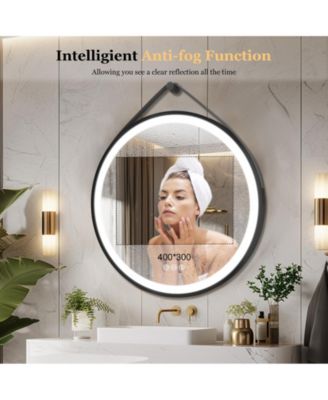 32" Circle Hanging Vanity Mirror for Wall with Leather Strap 3 Colors Dimmable for Bedroom Entryway