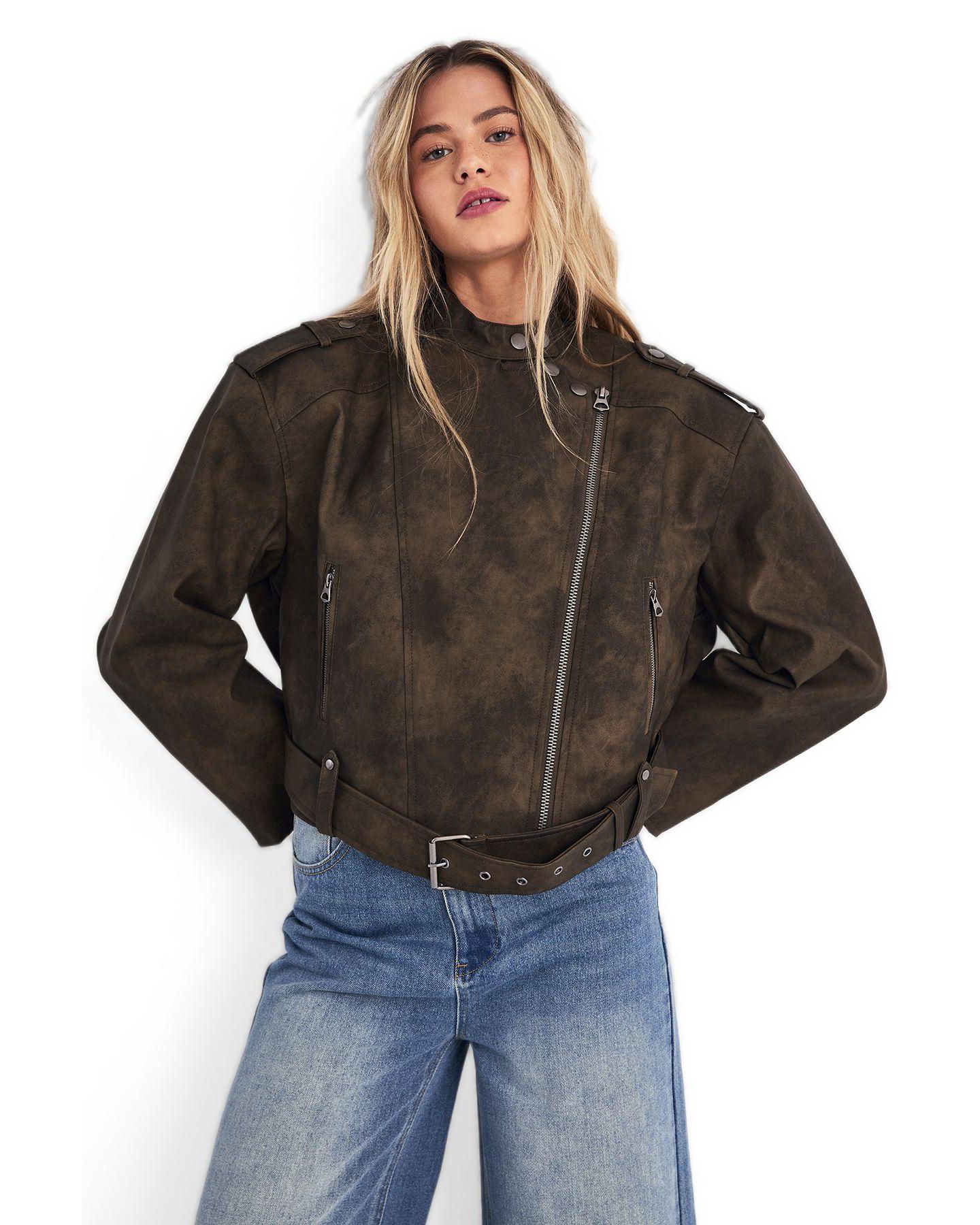 Женская куртка Nasty Gal Cropped Biker, цвет: Оливковый — фото 2