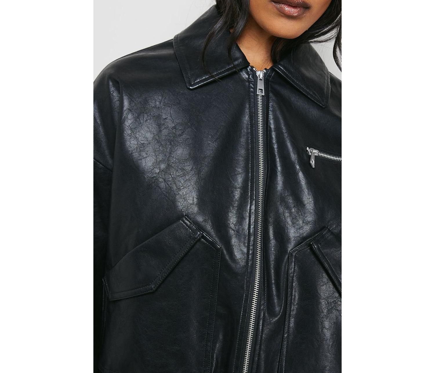 Women's Faux Leather Distressed Bomber Jacket
