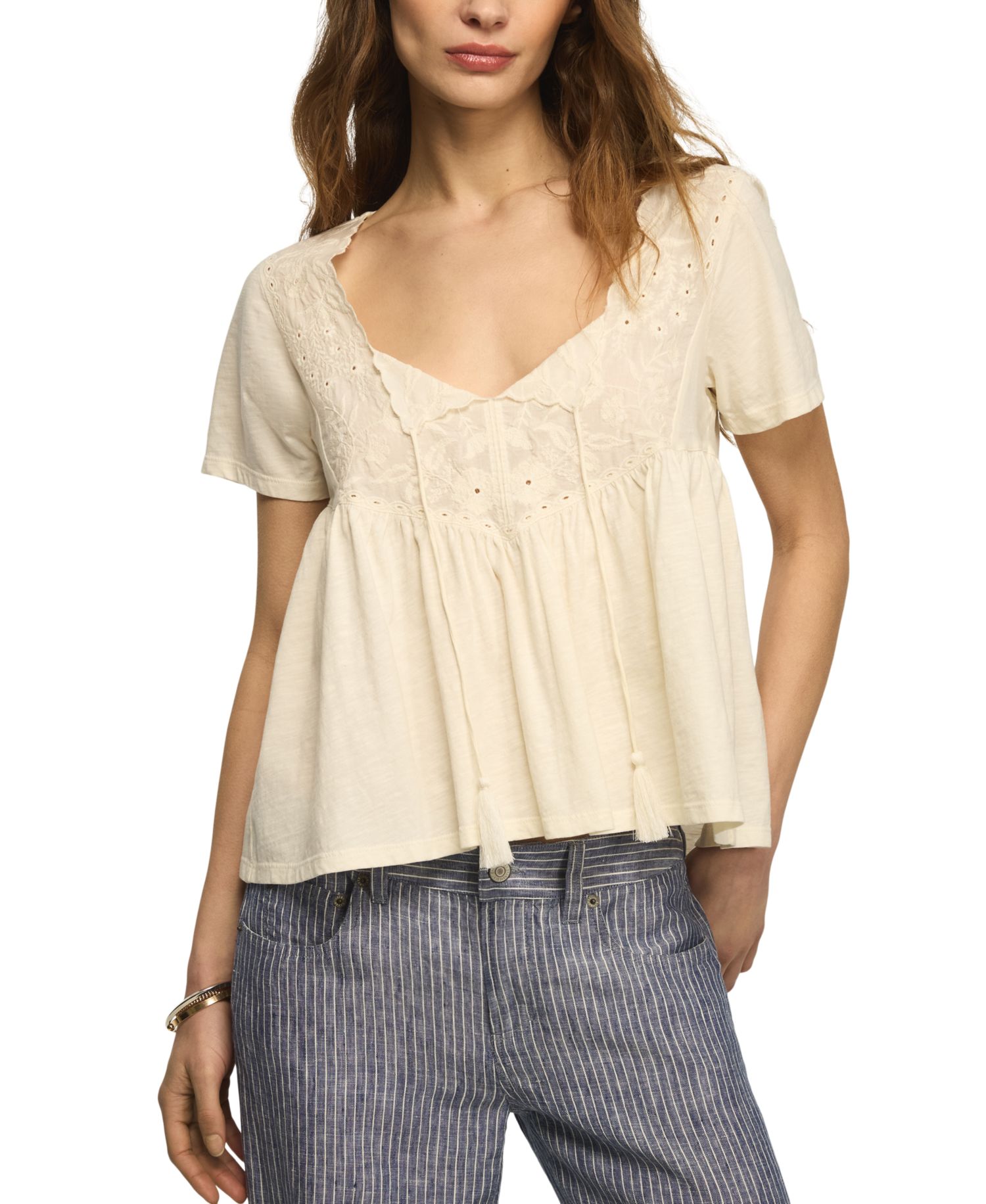 Women's Short-Sleeve Embroidered Yoke Tassel Top