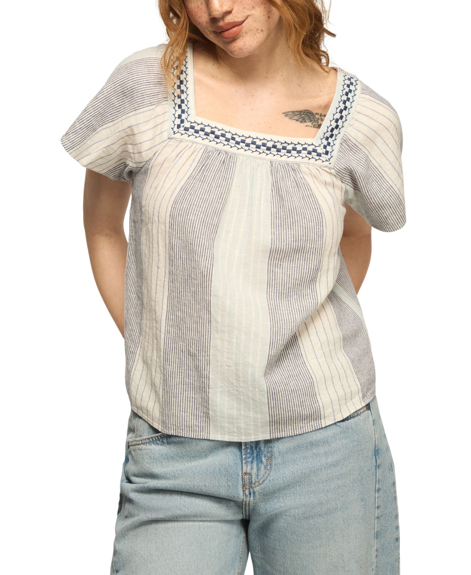 Women's Striped Square Neck Embroidered Top