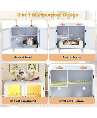 Cat Pet House with RGB LED Light, Glass Doors, Stairs, Hidden Litter Box Cabinet